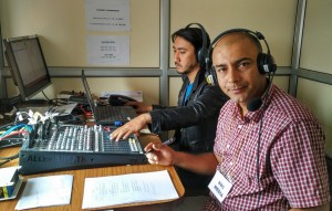 Surendra Phuyal,  a BBC World Service correspondent based in Kathmandu, Nepal, works from a temporary studio to present BBC Nepali's Dawn Show. "Bihanipakha" 